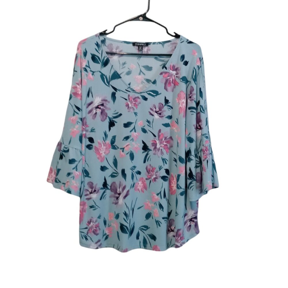 Roz & Ali Woman Azure Turquoise Floral 3/4 Bell Sleeve Blouse Size 2X